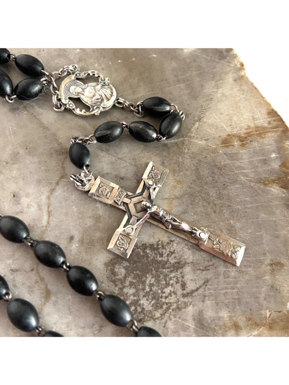 VTG Sterling Silver 925 Italian Black Beaded Rosary Crucifix Cross Y Necklace - Picture 5 of 16